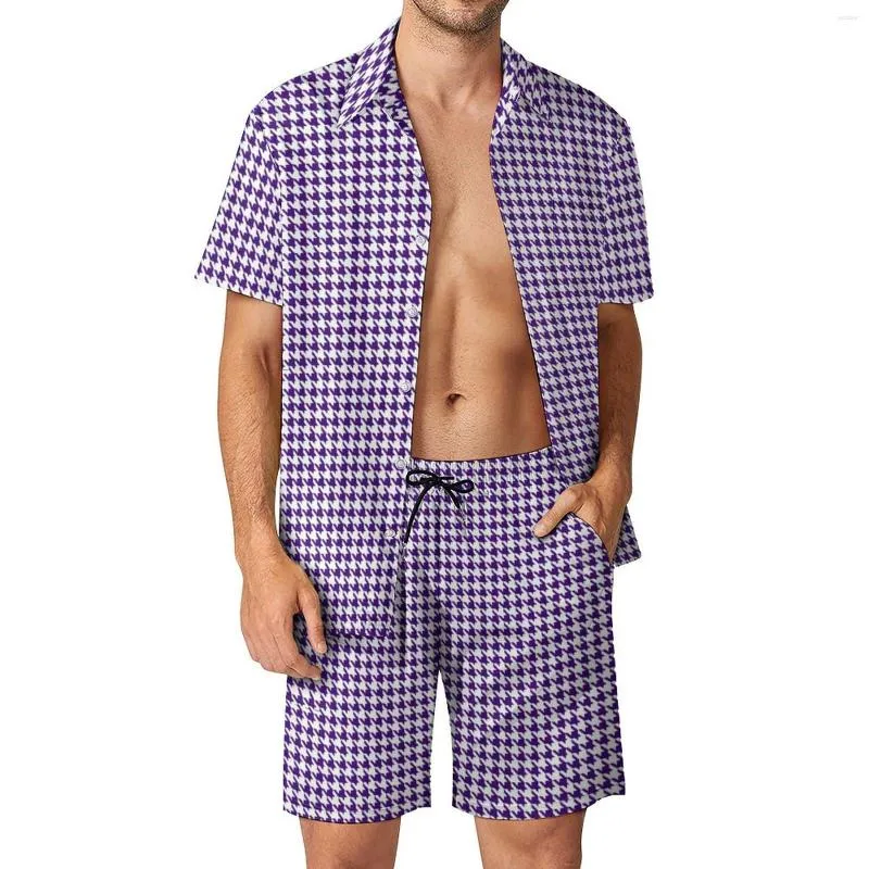 Herrespår Houndstooth Vacation Men Set Blue Purple White Casual Shirt Set Summer Printed Shorts 2 Piece Cool Suit Big Size