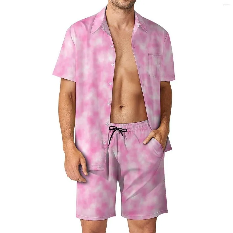Tracksuits voor heren roze en witte stropd kleurstof Men stelt marmeren print casual shorts strand shirt set Hawaii grafisch pak korte mouws extra grootte