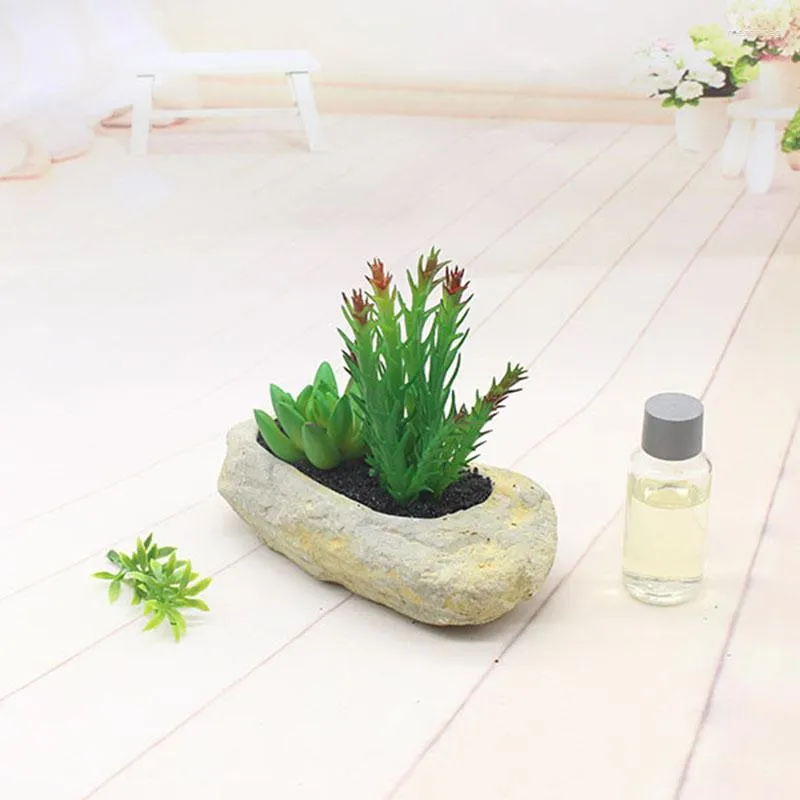 Decorative Flowers Simulation Of Potted Plants Tabletop Artificial Set Stone Vase Indoor Greenery Succulents Wedding Home Decoration