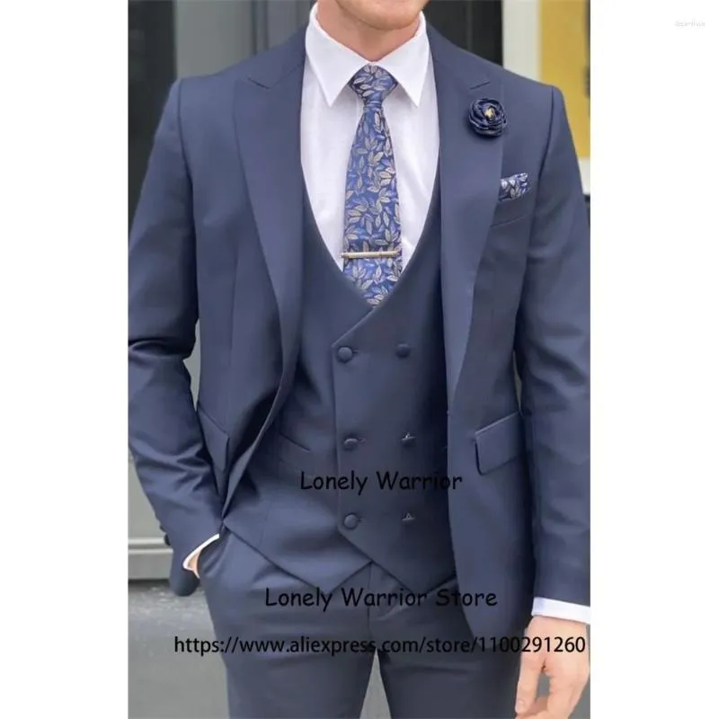 Men's Suits Handsome Navy Blue Mens Wedding Groom Tuxedo Business Blazer Slim Fit Daily 3 Piece Set Jacket Vest Pants Terno Masculino