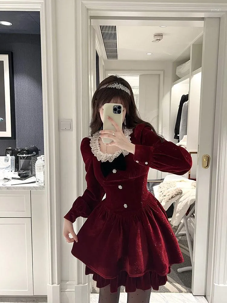 Casual Dresses 2023 Autumn Women Red Elegant Christmas Party Dress Female Lace Patchwork Long Sleeve Mini French Square Collar Prom