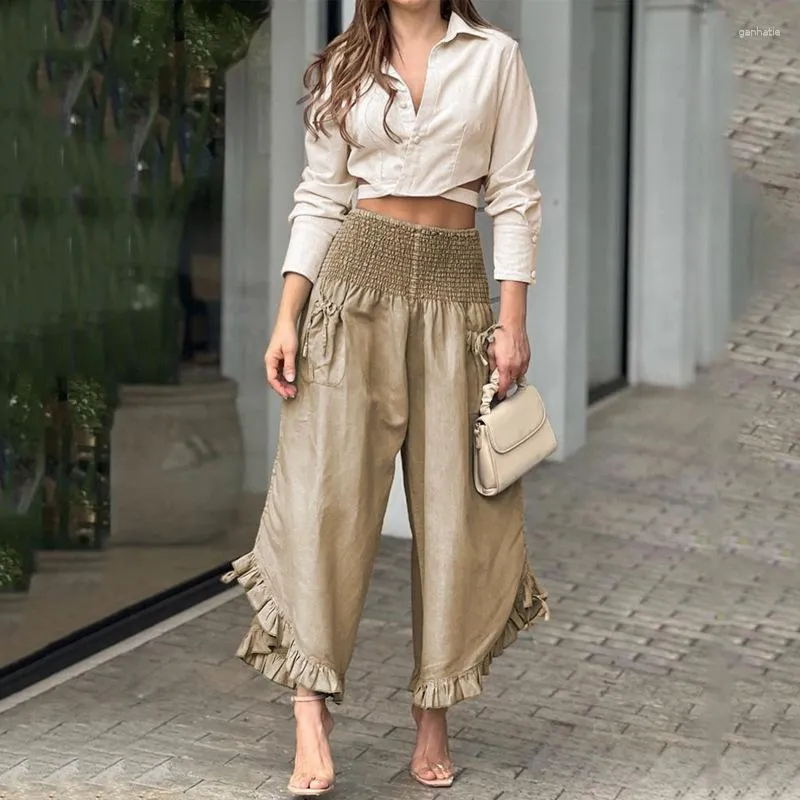 Women's Two Piece Pants 2023 Arrive Spring Women Elegant Trousers Set  Pieces Outfits Female Long Sleeve Shirt Wide Leg Pant Matching