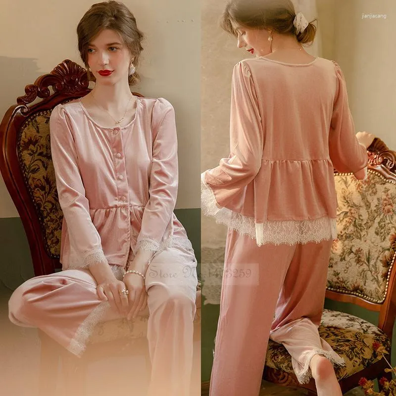 Women's Sleepwear Autumn Velvet Pajamas Set Women Sexy Pink Lace Trim Nightwear Trouser Suits Loose Casual Home Clothes Lounge Wear