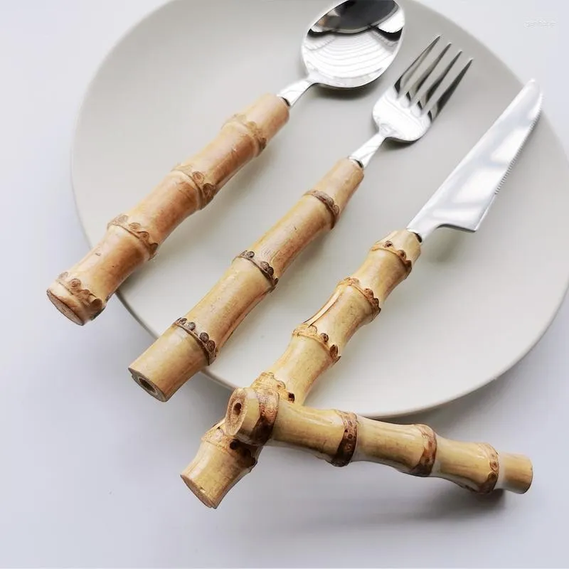 Dinnerware Sets Nature Bamboo Handle Original Stainless Steel Cutlery Fork Spoon Home Kitchen Tableware Household Gifts