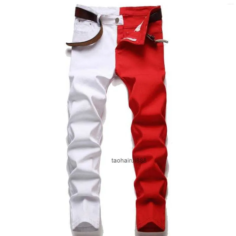 Jeans da uomo di marca Red White Stitching Uomo Patchwork bicolore Slim Skinny Stretch Street Hip Hop Pantaloni da uomo in denim elastico