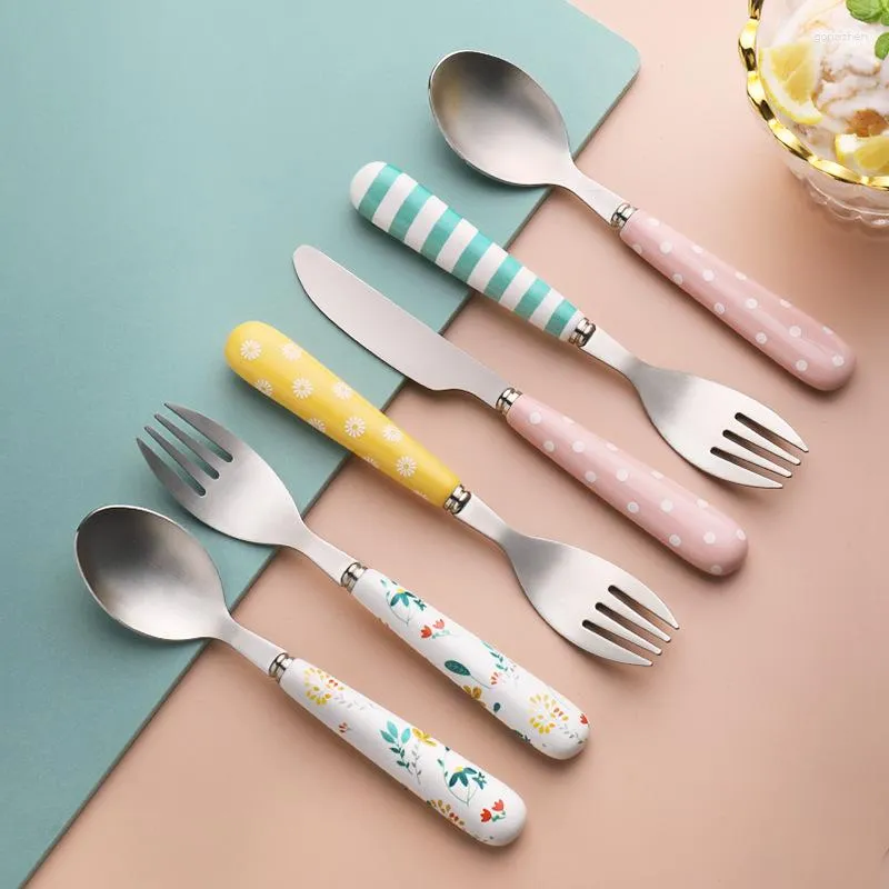 Dinnerware Sets Eco Friendly Cartoon Printing 304 Stainless Steel Ceramic Handle Butter Knife Fruit Fork Dessert Spoon Tableware Set