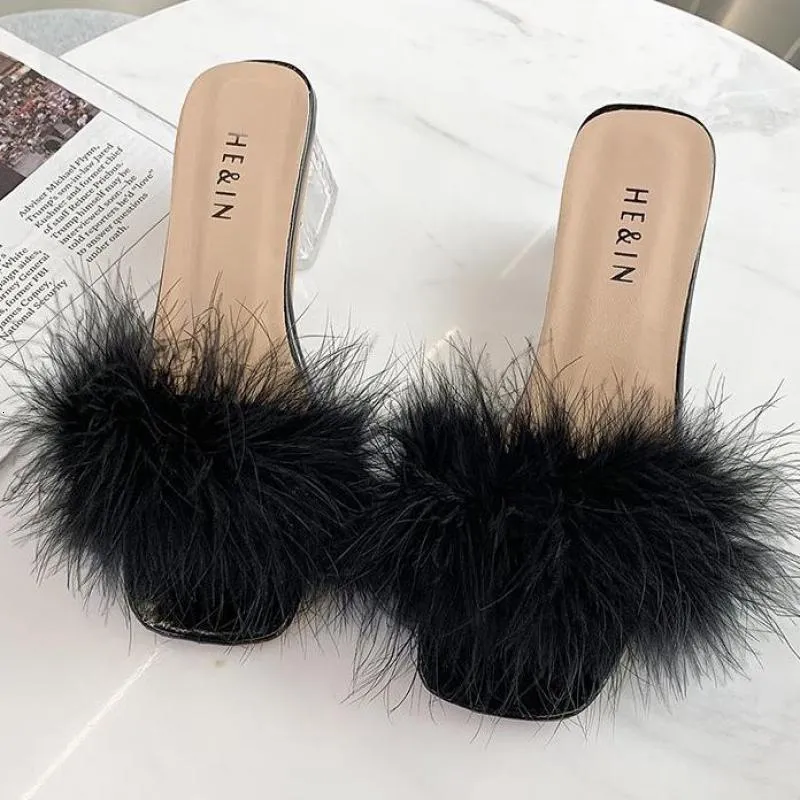 Slippers Summer Fluffy Peep Toe Sexy High Heels Women Fur Lady Fashion Wedding Slip On Pink Ytmtloy House Slippers Zapatillas Mujer 230802