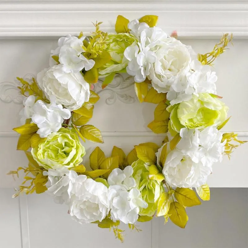 Simulação de Flores Decorativas Coroa de Peônia Verde e Branca Suprimentos para Decoração de Casamento Guirlandas Penduradas de Plástico 40x40cm