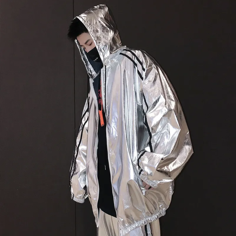 Herrjackor Silver Metallic Hooded Jacket Hip Hop Jazz Stage Show Boy's Coat bara för jacka 230802