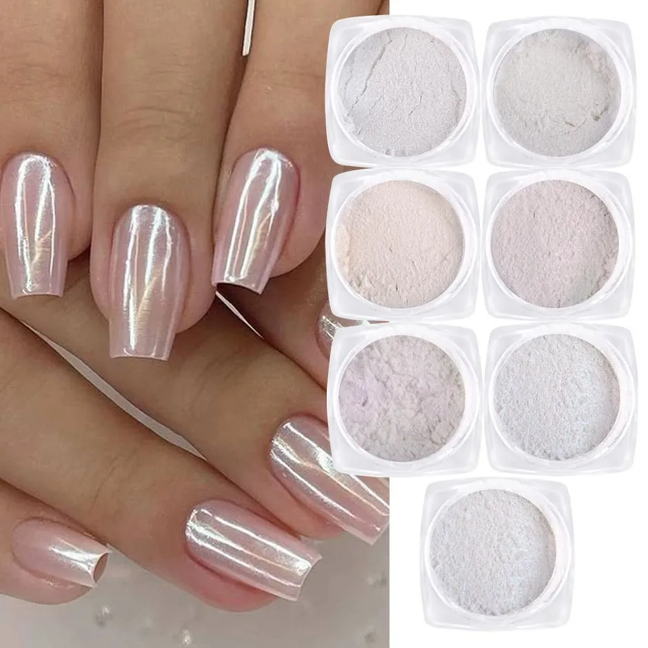 Nail Glitter 7pcsset Shimmer White Pearl Art Poussière à frotter Pigment irisé Poudre de chrome Glossy Fairy Manucure Decor LYB0107 230802