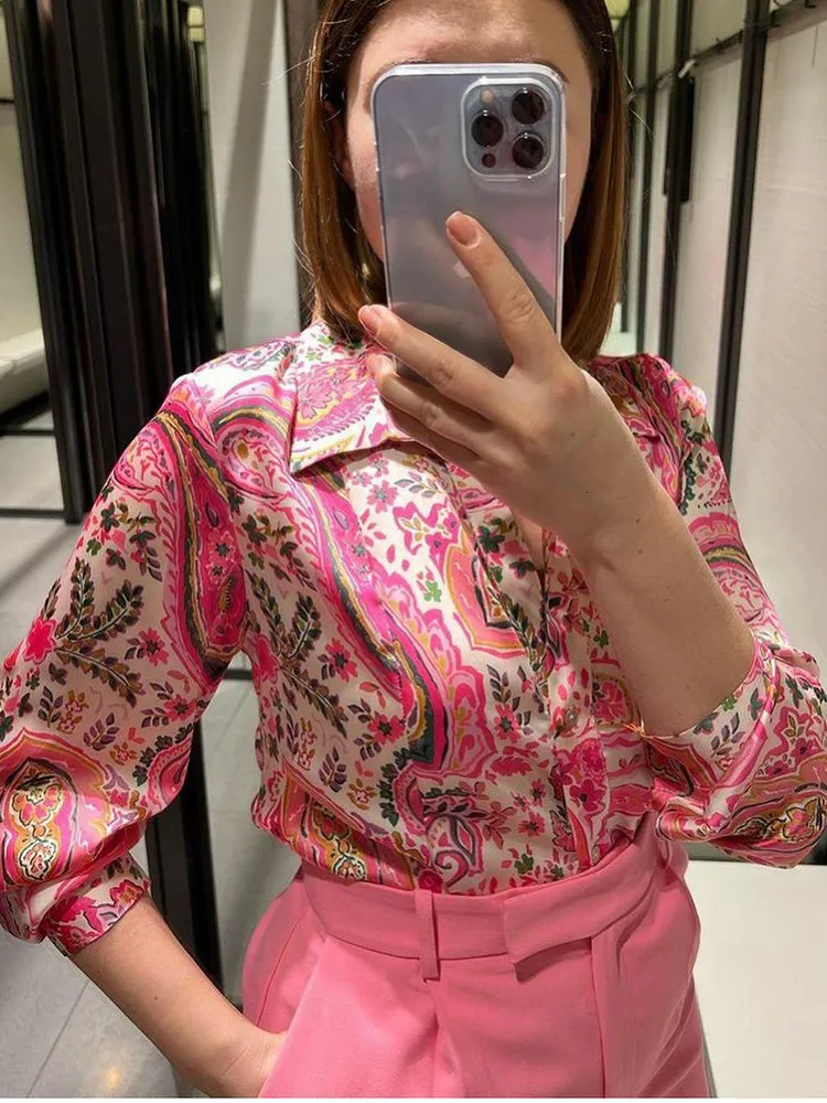 Damesblouses Overhemden Roze Paisley Satijnen Damesblouse Mode Lente Lange mouw Kraagvorm Casual damesoverhemden Vintage vrouwelijke tops 230802