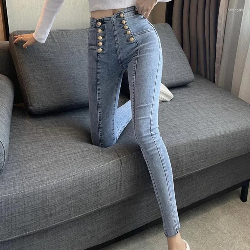 Jeans pour femmes Style coréen maigre pour les femmes mode Double boutonnage conception pantalon femme été élastique taille haute lavé crayon pantalon
