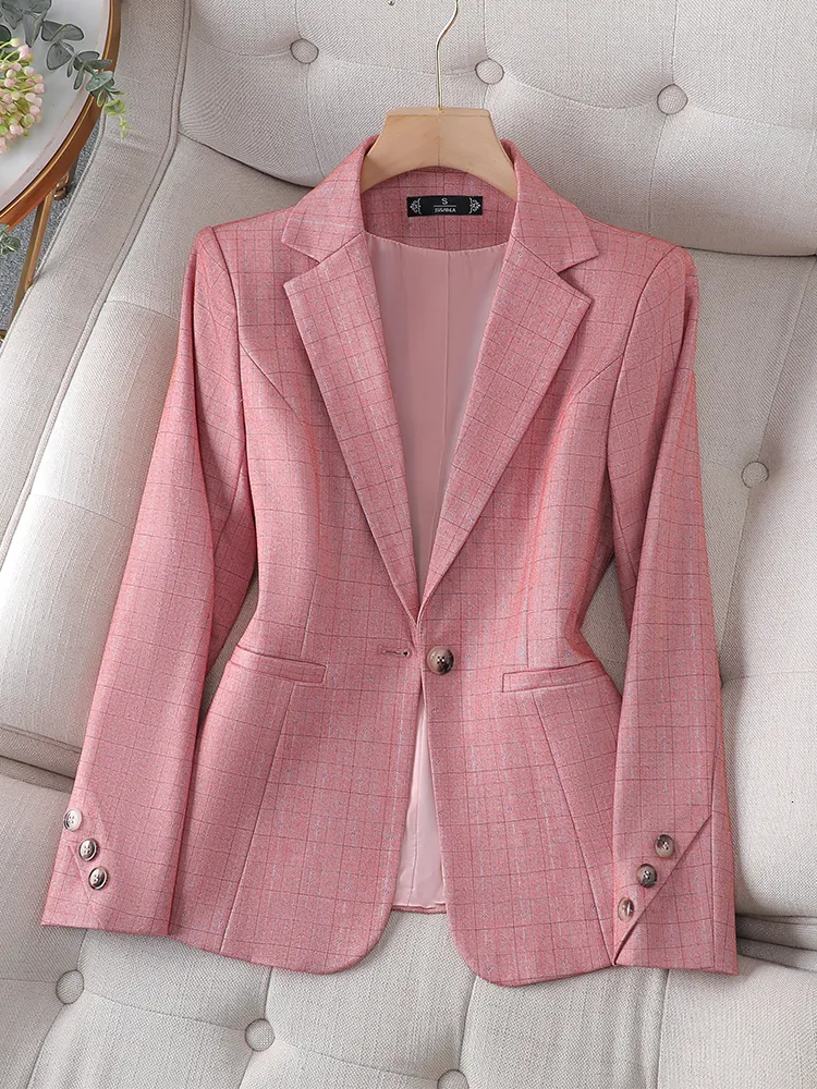 Women's Jackets Ladies Formal Blaze Arrival Pink Black Plaid Women Female Long Sleeve Single Button Slim Business Work Wear Jacket Coat 230803