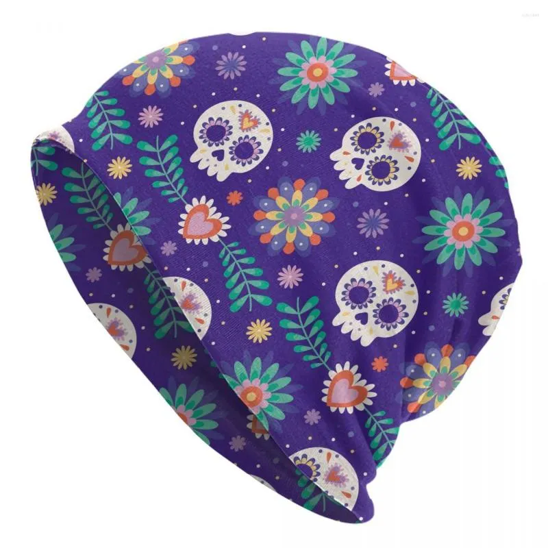 Bérets 2023 Chapeau chaud pour femmes Dia De Muertos Crâne et fleurs Empilage Bonnet tricoté Bonnet Hommes Hip Hop Bonnets