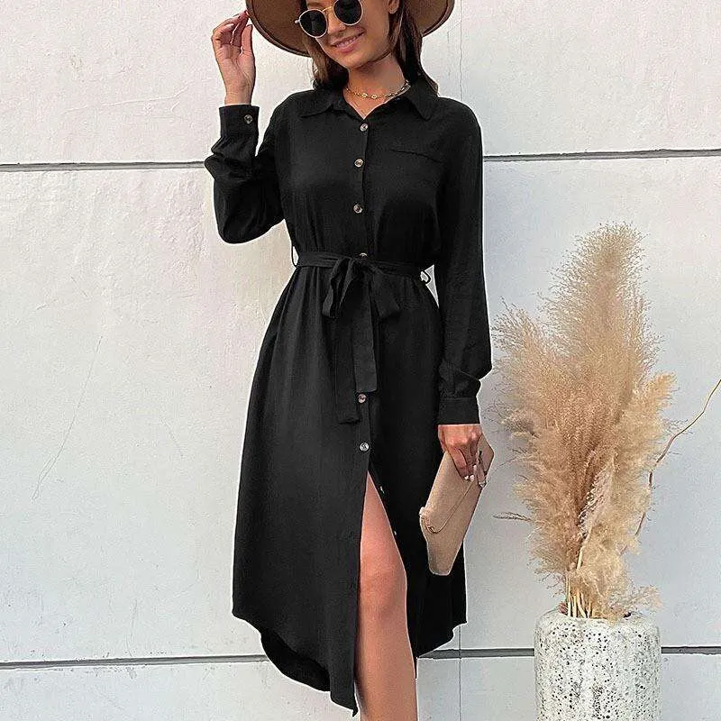 Womens Clothing Autumn And Winter Long Sleeved Shirt Skirt Lapel Lace Dress