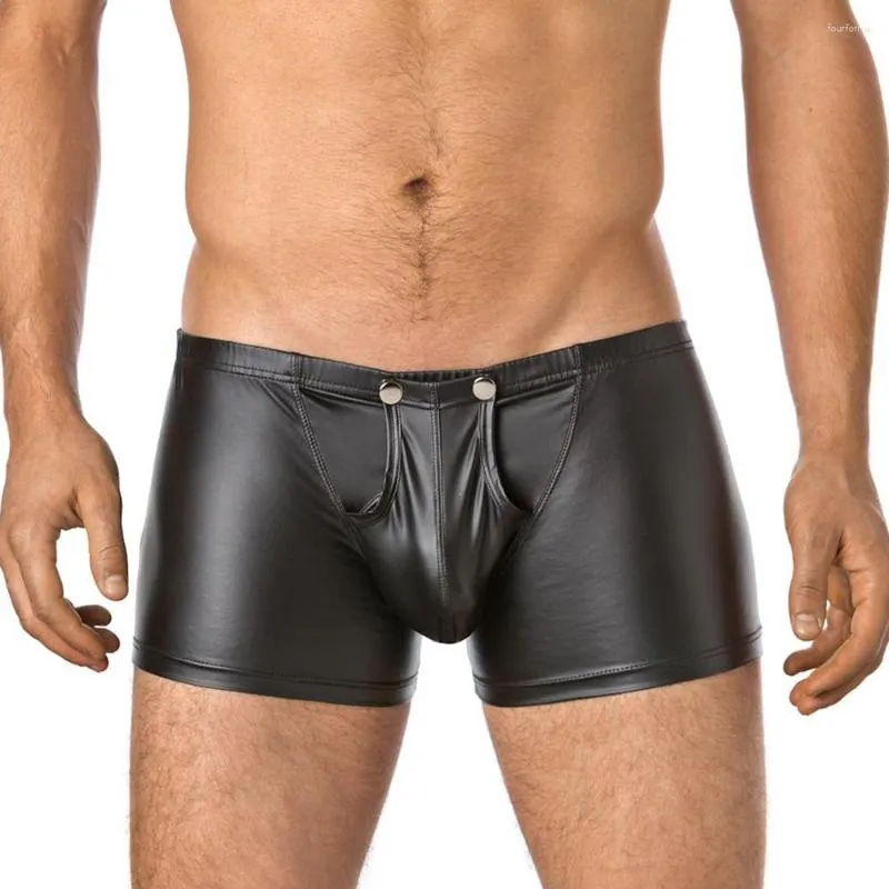 Mäns badkläder sexiga patentläderboxare shorts med faux -knappar för enkel demontering