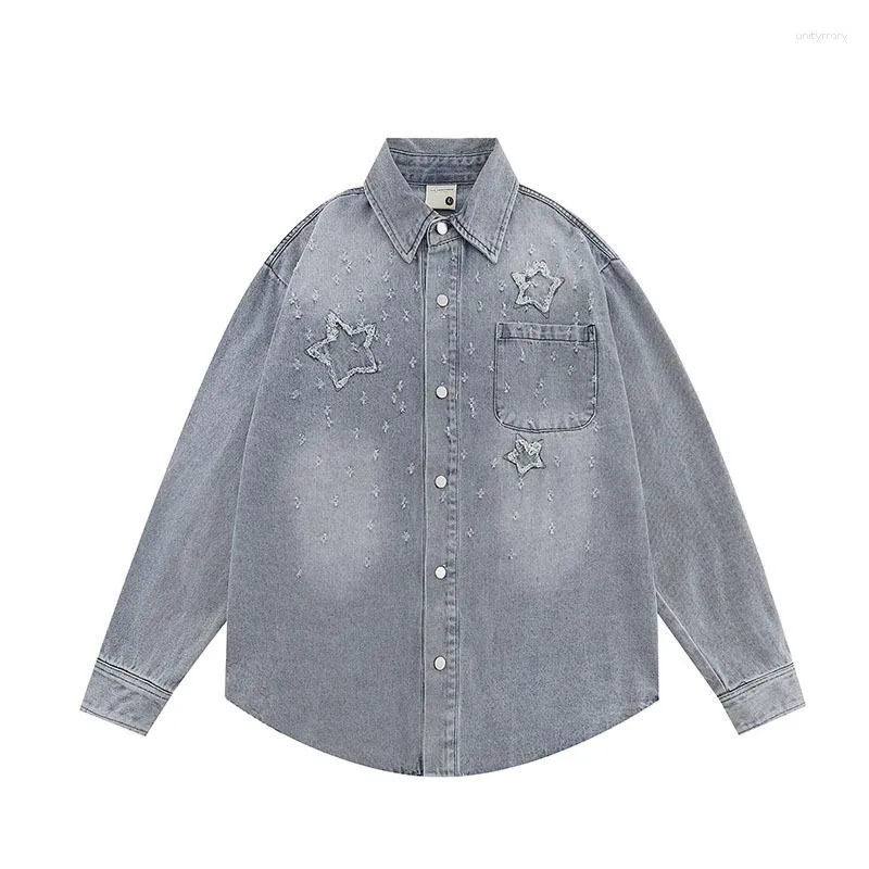 Heren Jassen 2023 Herfst Denim Jas Mode Toevallige Losse Zak Knoppen Blouses Vintage Ster Patch Borduren Oversized Shirt Jas