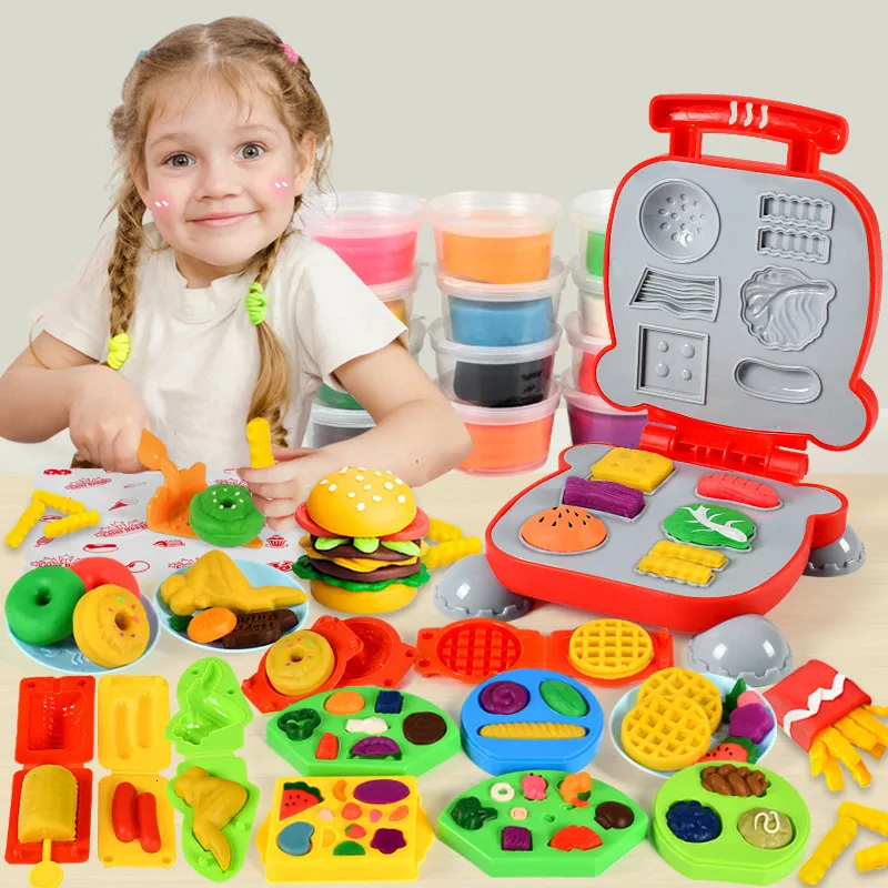 Jouets d'apprentissage Enfants Bricolage Cuisine Faire semblant De Jouer Argile Jouet Pâte À Modeler Outil Ensemble Hamburger Nouilles Machine Creative Moule Pour Fille À La Main 230802