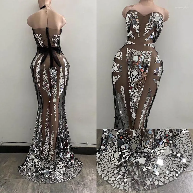 Stage Wear See Through Mirror Dress Women Party Girl Show Sequin Transparent Net Long Dresses Birthday Celebrate