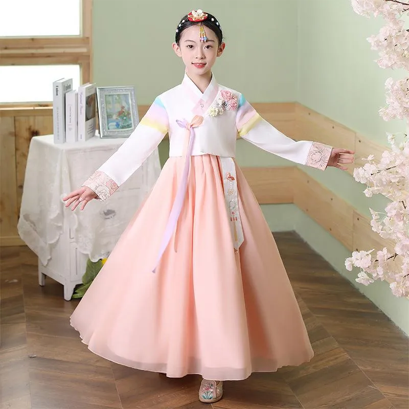 Roupas étnicas nacionais para crianças, vestido de flor Hanfu, coreano, trajes de performance de manga comprida, princesa real, vestido de dança, vestidos de cosplay retrô