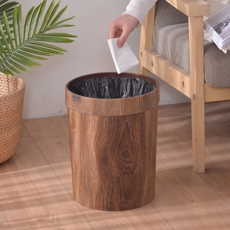 Avfallsbehållare Retro Creative Wood Grain Trash Can Home Living Room Kitchen Garbage Bin Office Toalettpappers Korg Badrumsmaterial 230802