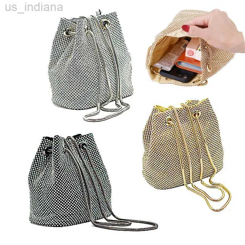 Evening Bags Luxury Rhinestone Ladies Diamante Drstring Evening Bag Large Capacity Female Party Purse Bucket Tote Bag Dinner Wedding Clutch Handbag Z230803