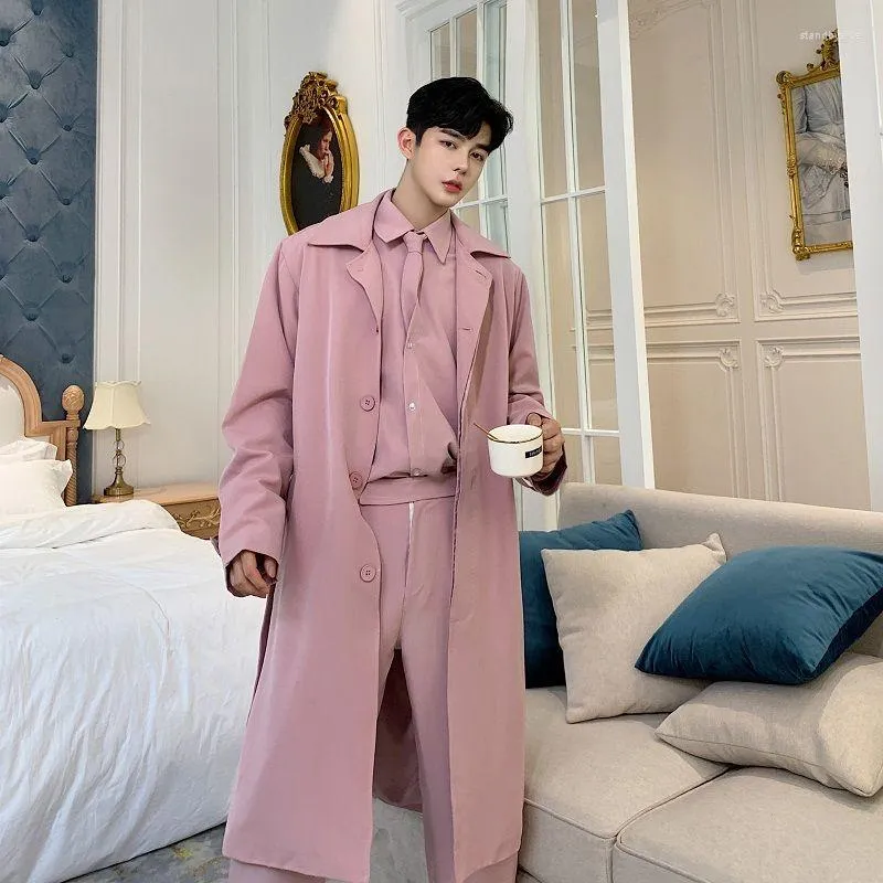 Men's Trench Coats Autumn Winter Mid-length Loose Over-the-knee Waist Windbreaker Fashion Personality Pink British Style High Street Cloak