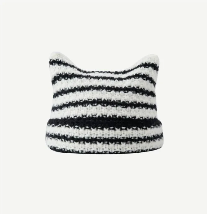 Berets Beanie Little Striped Knitted Hat Women Autumn Winter Cute Cat Ears Cap DF264