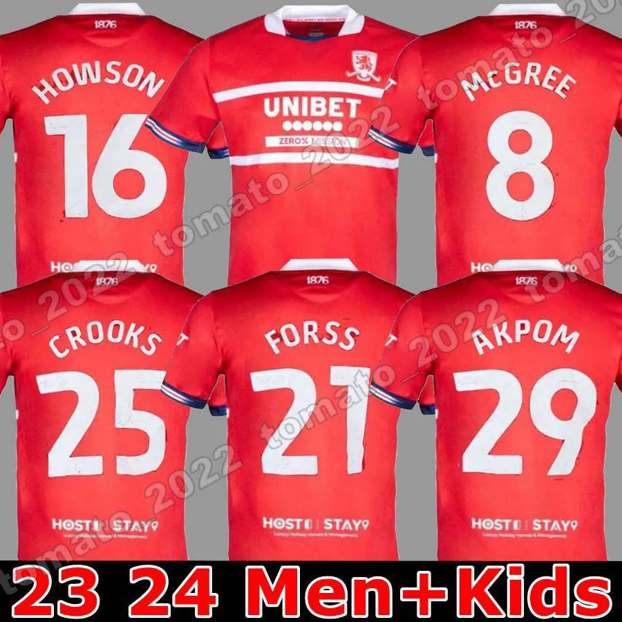 Middlesbrough FC 23 24ホームサッカージャージアウェイ2023 2024 AKPOM 29 Del Fry 6 Archer 10 McGree 8 Forss 21トップキッズマンセットフットボールジャージシャツ