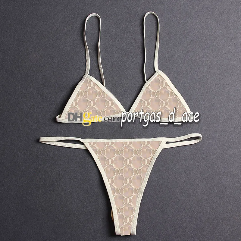 Sexy Triangle Bikinis Women Swimwear Tulle Lace Underwear Letters Embroidered Chain Halter Split Swimsuits Beach Bra Briefs with T2378