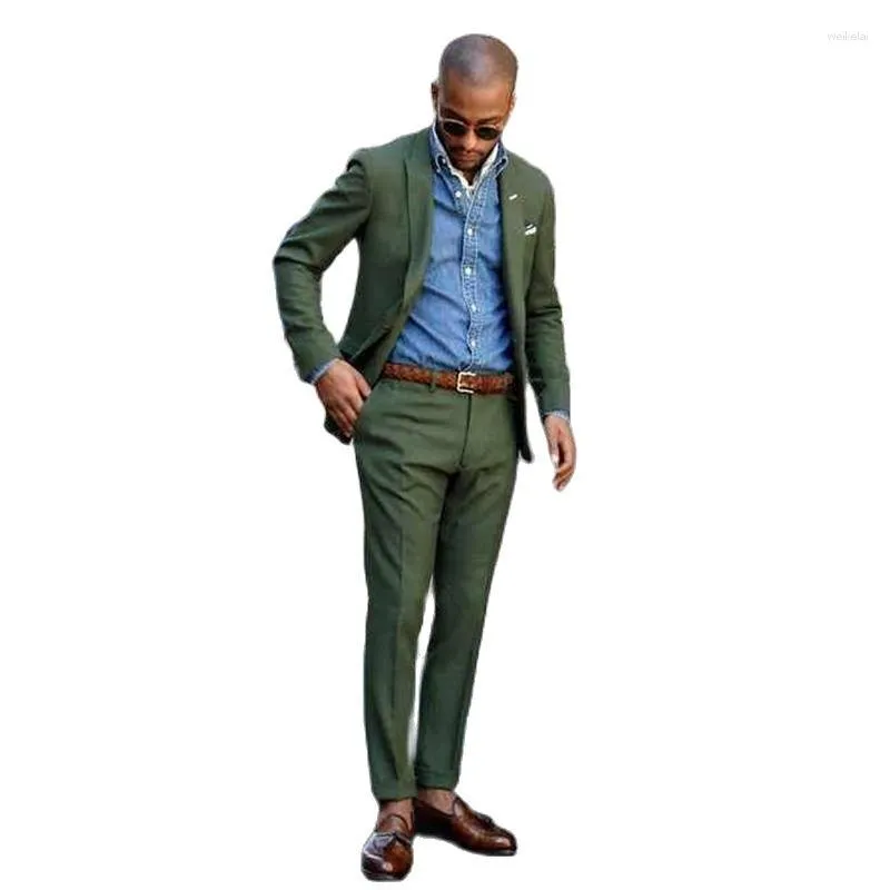 Trajes de hombre Chaqueta verde Hombres Solapa con pico Un botón Traje de baile Mariage Homme Blazer Pantalones A medida 2 piezas Abrigo Pantalón