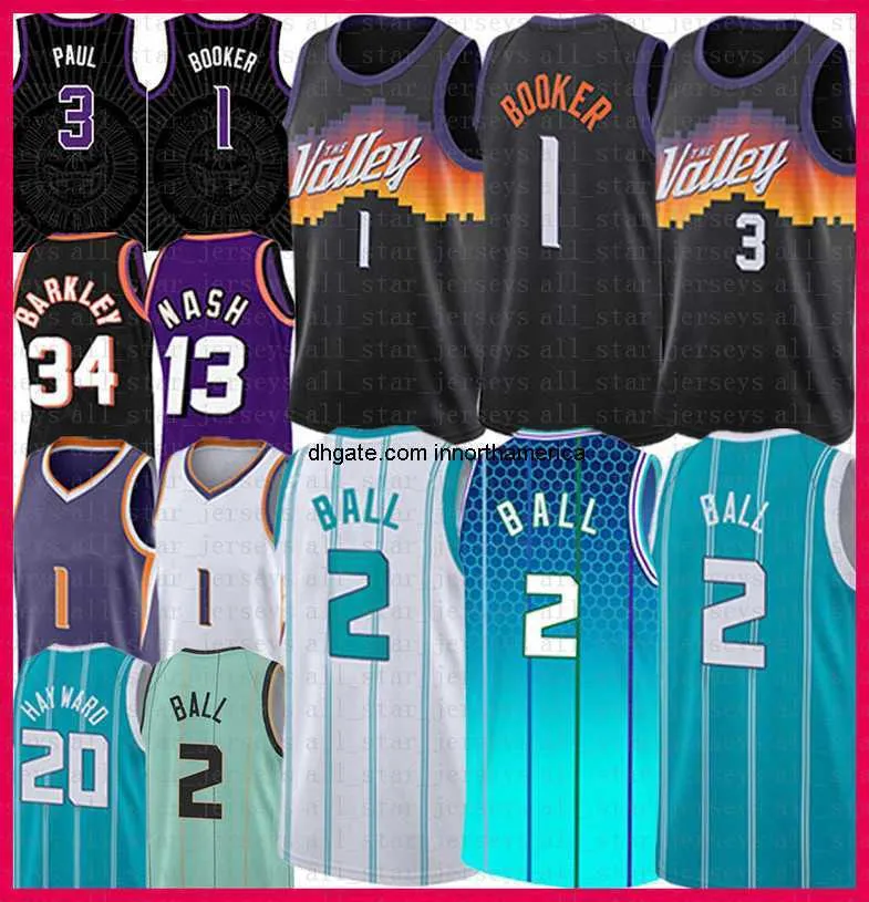 Lamelo Ball Devin Booker Chris Paul Basketball Jersey 1 2 3 Gordon Hayward DeAndre Ayton Steve Nash Charles Barkley Mens camisas de camisa 2022 S-xxl 20 22