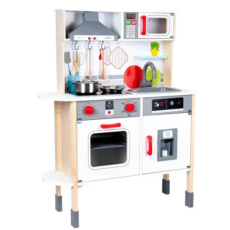 Cuisine en bois pour garçons et filles, ustensiles de cuisine de simulation en bois pour enfants avec son de lumières, cuisine pour enfants, jardin d'enfants, jouets pour enfants, four à micro-ondes, hotte