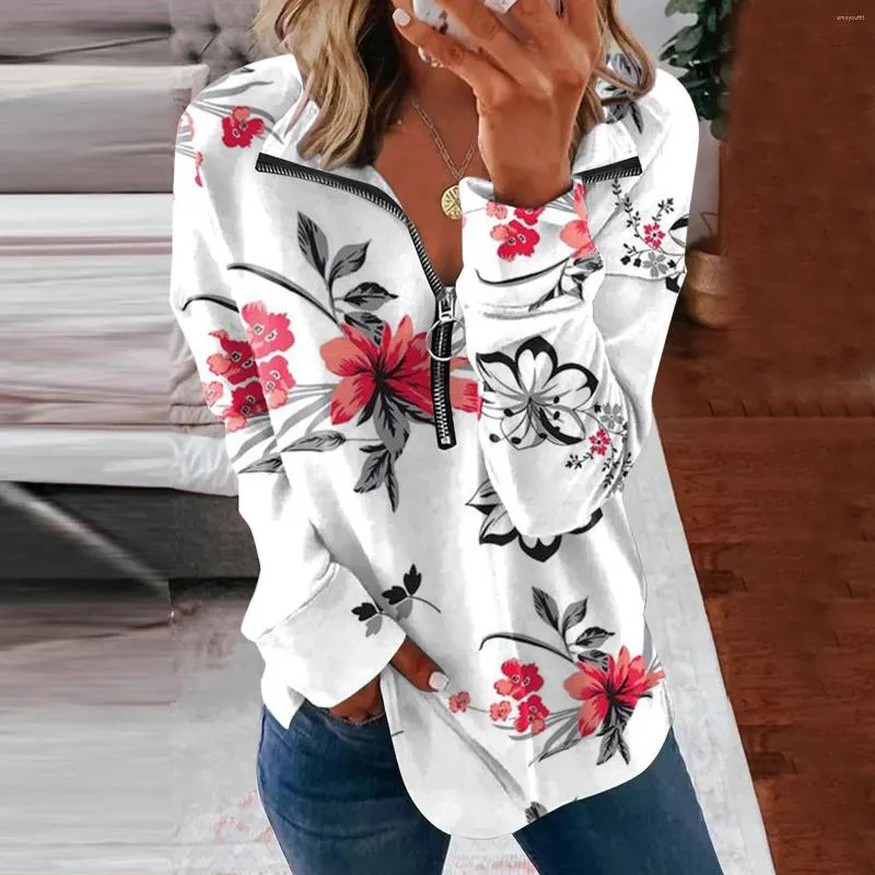 Women's Hoodies Business Casual Jackets Women Long Sleeve Lapel Half Zip Sweatshirt Print Loose Pullover Shirt