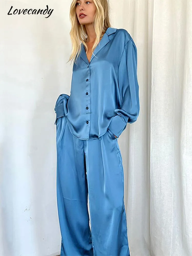 Women's Two Piece Pants Blue Satin Long Sleeved Trousers Pajama Sets Lapel Single Breasted Shirt Wide Leg Suit Spring Female Thin Loose Home Wear 230802