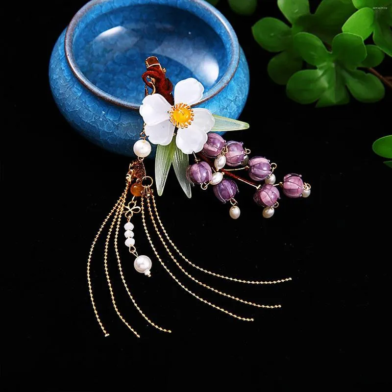 Fermagli per capelli Forcina cinese Smalto viola Fiore di giglio Ragazze Hanfu Decor Perni laterali Vintage Nappa Barrettes Matrimonio Tiara Gioielli