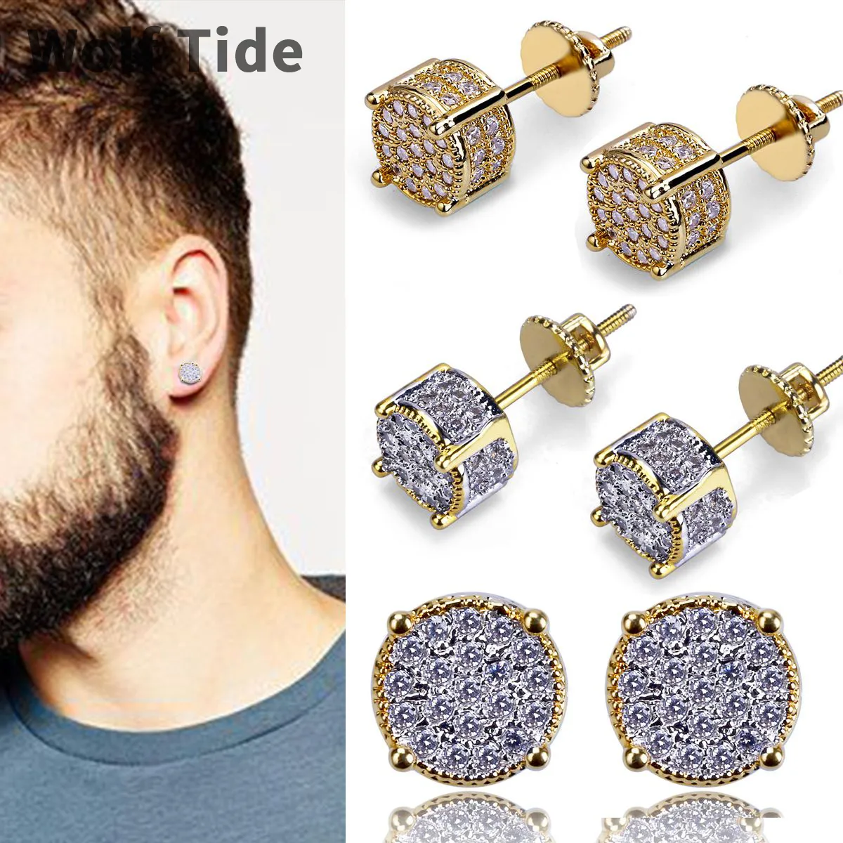 جديد 18 كيلو هيف هوف هوب CZ Zircon Round Stud أقراط 0.7 سم للرجال للنساء والبنات الهدايا أقراط الماس أزرار الهيب هوب روك روك مغني الراب المجوهرات المجوهرات الإكسسوارات