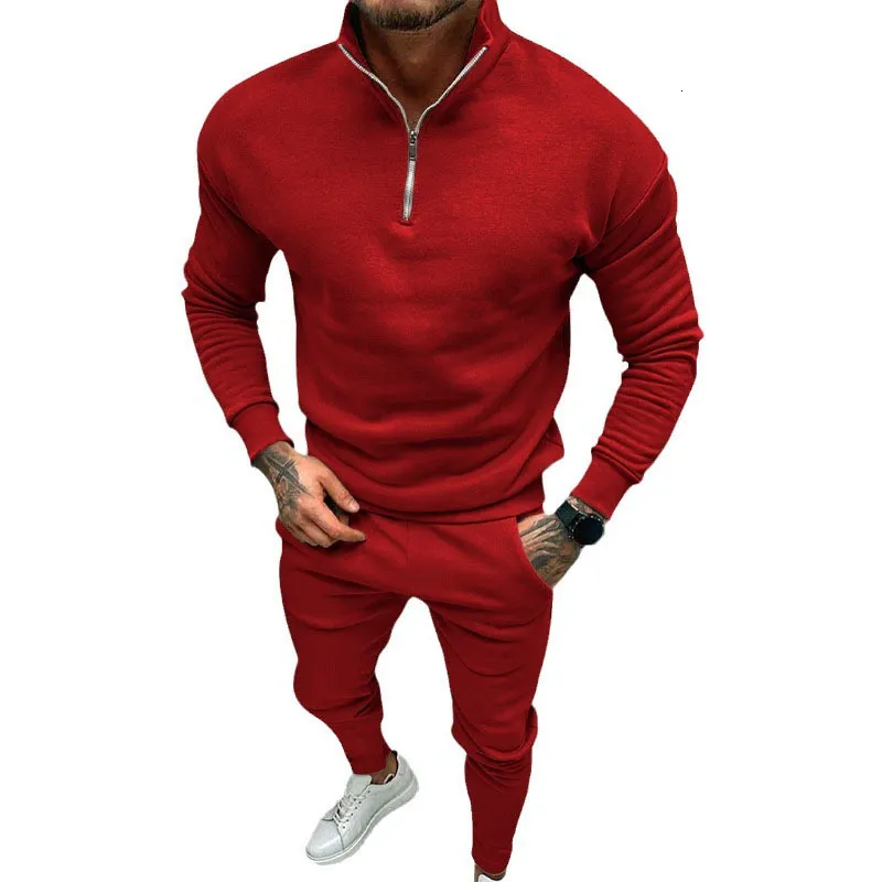 Men's Tracksuits Fashion Slim Tracksuit Men Two Piece Suits Fall Casual Solid Color Stand Collar Zipup Tops And Pants Mens Sets Sports Clothing 230802