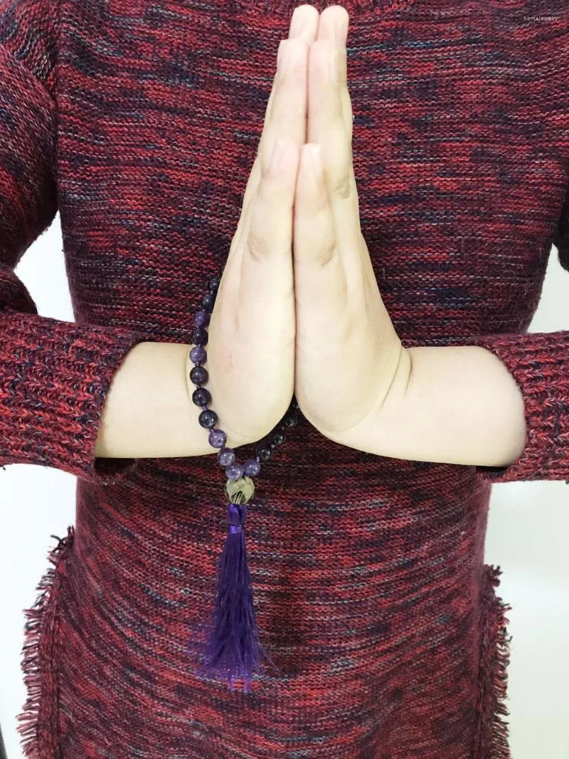 Strand annodato a mano Mala Mini Rosari Bracciali 8MM Braccialetto di quarzo viola Preghiera Bodhi Regalo per amore da polso Yoga