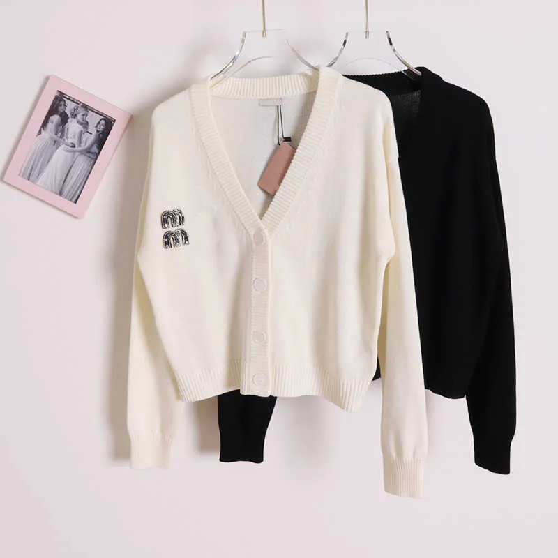 Autumn and Winter New Western Style Beaded Diamond Letter Long Sleeve Cashmere Cardigan Coat Round Neck Knit Top