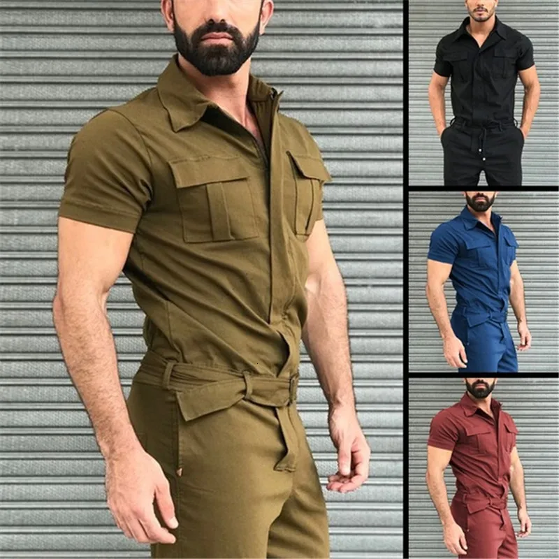 Survêtements pour hommes Casual Fashion Salopette Street Wear Combinaison Automne Hommes Manches courtes Basic Travail Combinaison Mâle Pure Color Cargo 230802