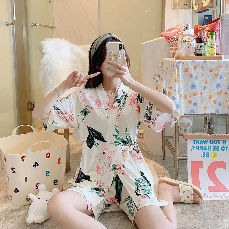 Women's Sleepwear Summer Milk Silk Lace-up Kimono Short Sleeve Shorts Pajamas Casual Printing Sweet Simple V-neck Girls' Home Clothes