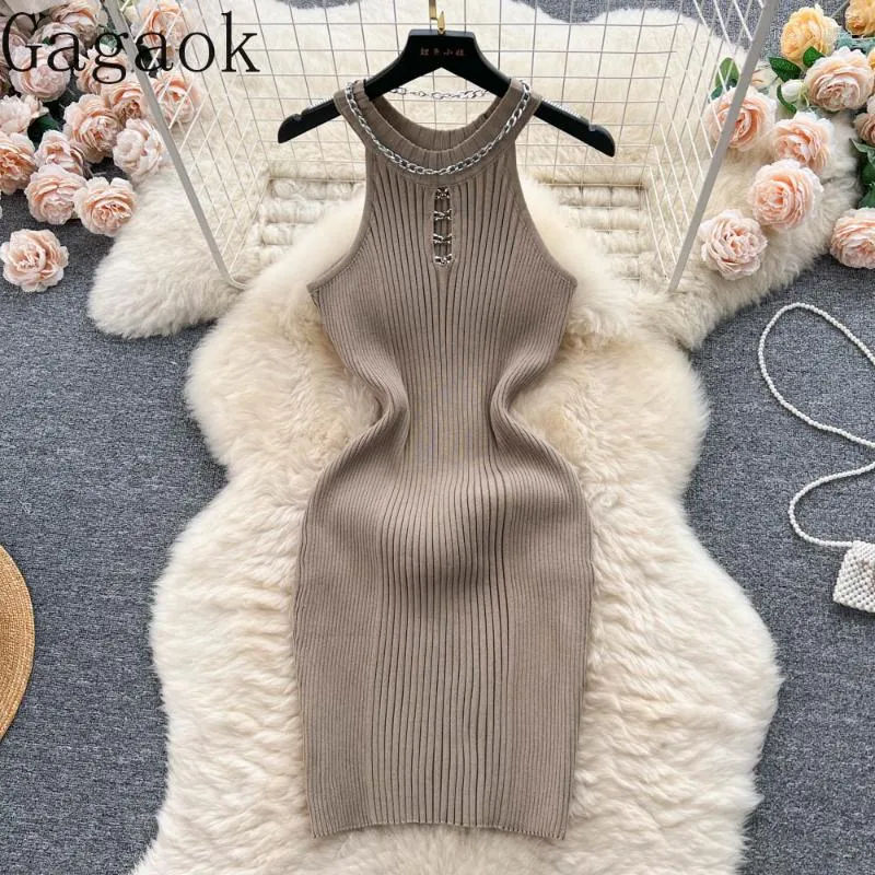 Abiti casual Gagaok American senza maniche Spicy Girls' lavorato a maglia da donna Summer Pure Desire Chain Hollow Out Waist Show Bodycon Vestidos