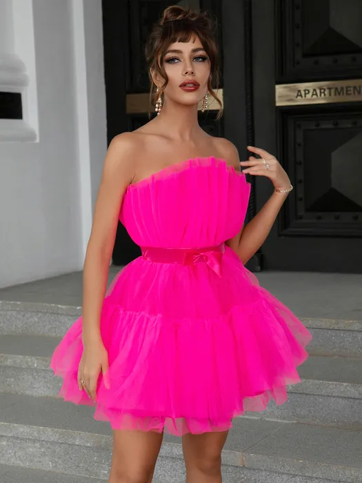 Grundlegende Freizeitkleider Yissang Mesh Solides Rosa Gerafftes Halloween-Kleid Frauen Schärpen Trägerlos Club Lose Kleider Rückenfrei Hohe Taille Sexy Party Vestido 230802