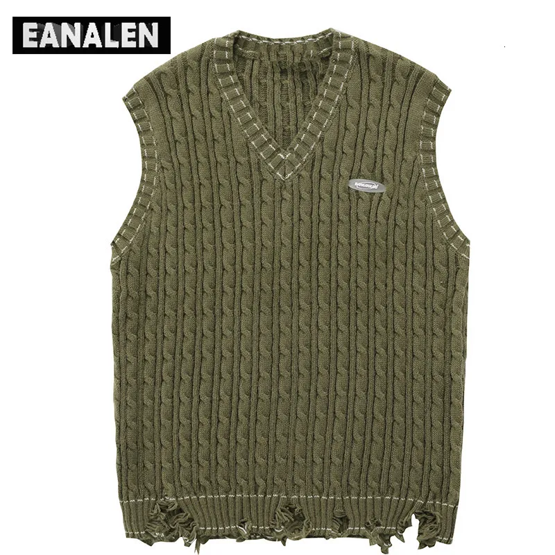 Men's Vests Harajuku solid color hole jumper sweater vest women's y2k retro Korean oversized knitted grandpa ugly sleeveless sweater men's 230802