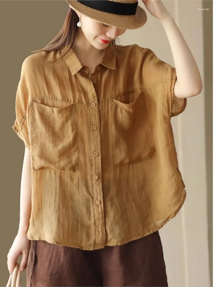 Kvinnors blusar Johnature Women Vintage Ramie Shirts Patchwork Pockets Solid Color Summer Tops 2023 Button Turn-Down Collar Casual T-Shirts