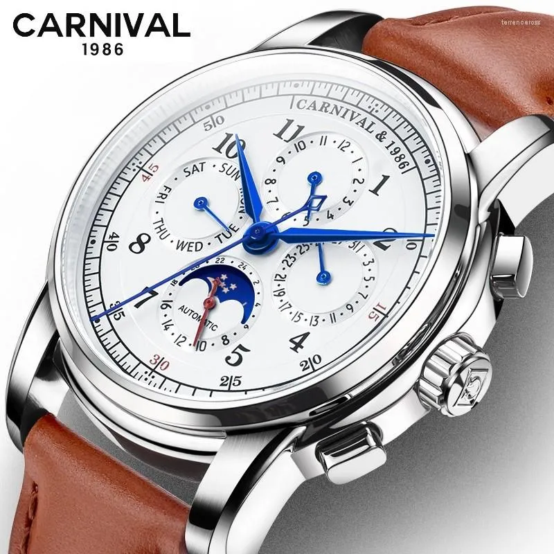 Orologi da polso Carnival Seven Pins Orologio da polso automatico meccanico sportivo multifunzione per orologio da uomo Cristallo di zaffiro Settimana Data Mese