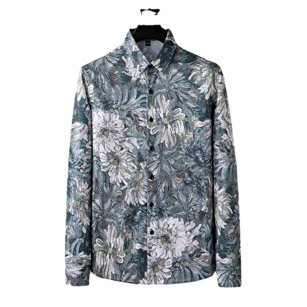 2023年の秋の油絵の花のプリントシャツ男性スリム長袖カジュアルシャツ男性ビジネスバンケットソーシャルドレスシャツ