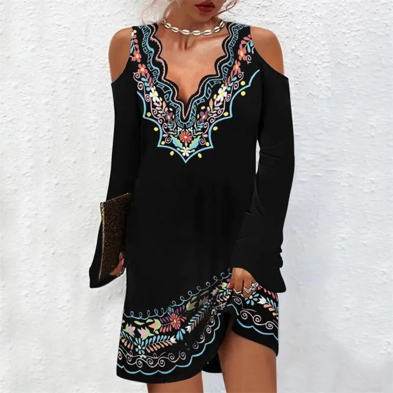 Casual Dresses Beach Dress Party Robe Vestidos Summer Sexy Off Shoulder Mini Women Ethnic Floral Print V-Neck Bohemian