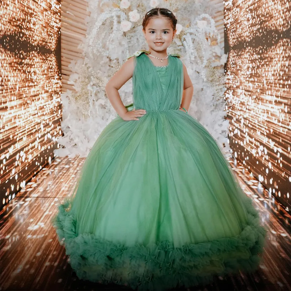 Pajarita verde con cuentas vestidos de flores para niñas volantes escalonados tipo princesa vestido de fiesta de cumpleaños falda hinchada vestido de primera comunión